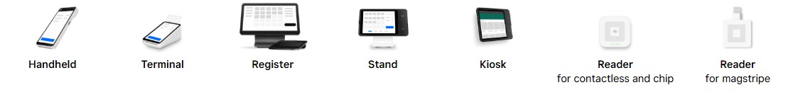 Square payment devices including mobile card readers, POS terminals, and countertop payment hardware