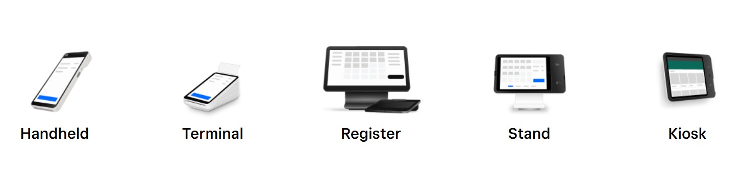 Square payment devices including mobile card readers, POS terminals, and countertop payment hardware