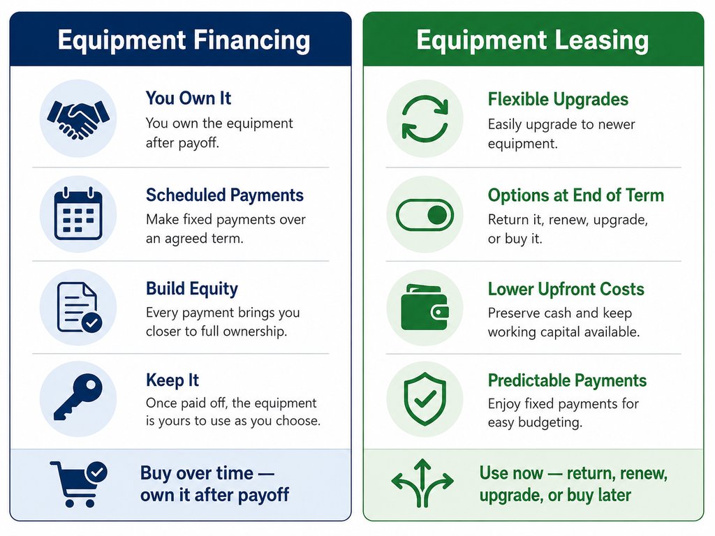 Comparison chart of equipment financing versus equipment leasing