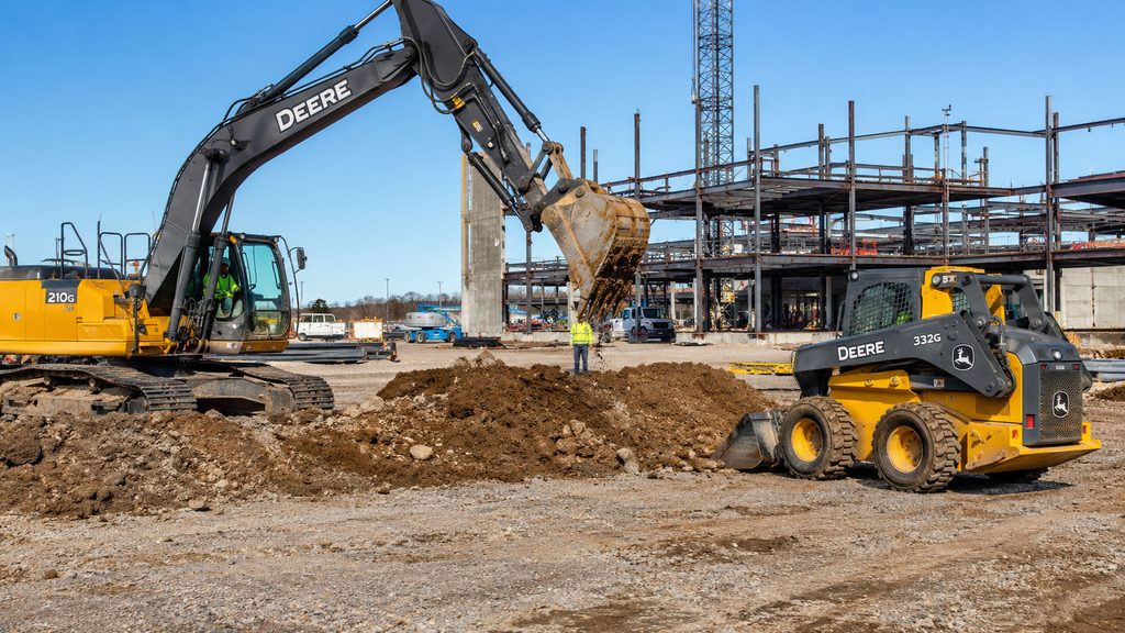 Financed excavator and skid steer on a construction site