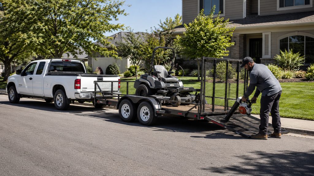 Financed landscaping truck, trailer, and mower package on the job