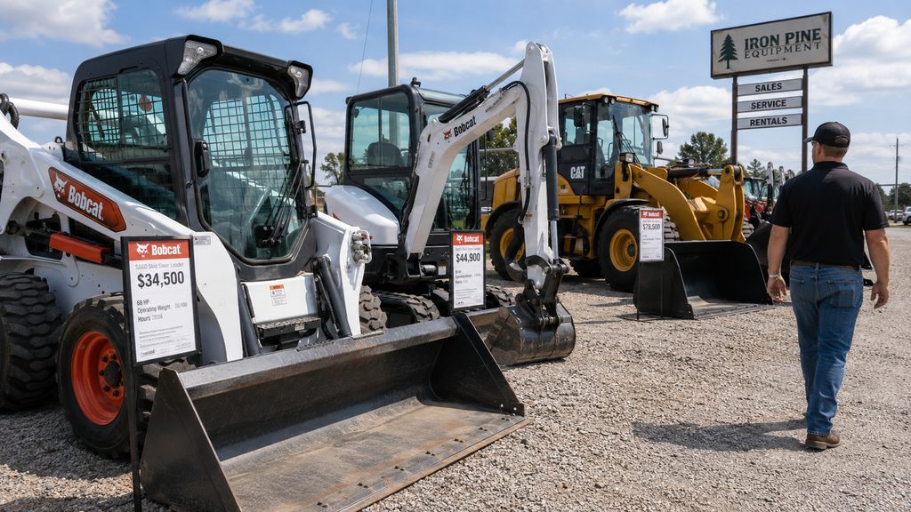 Used construction equipment for sale at a dealer lot